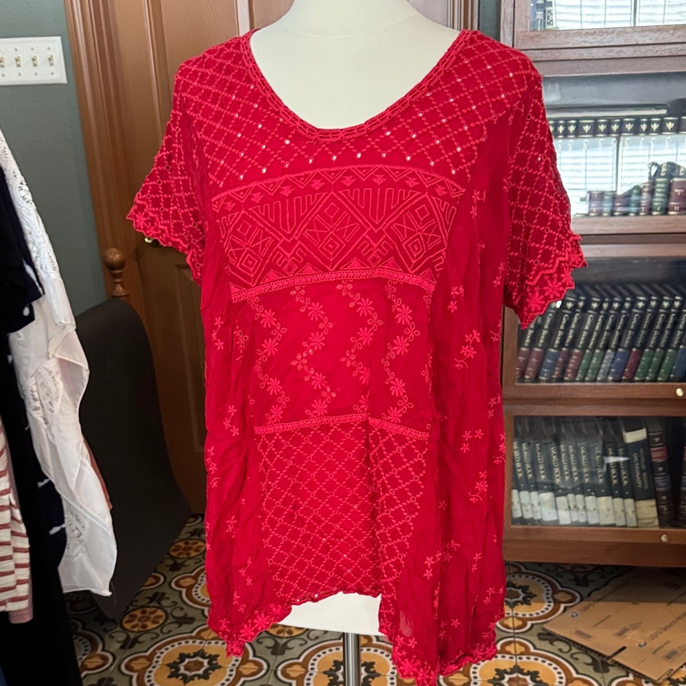 Johnny Was Red Embroidered Cotton Tunic